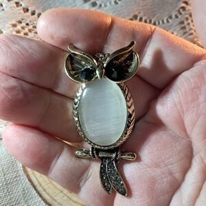 Luminous Moonstone Style Owl Brooch w/ Dark Crystal Eyes